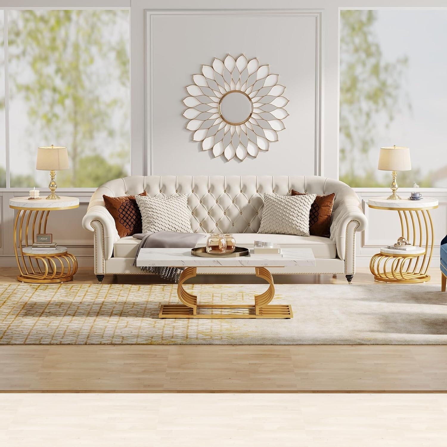 White Gold Round End Table, 2 Tiers Faux Marble Side Table with Shelf