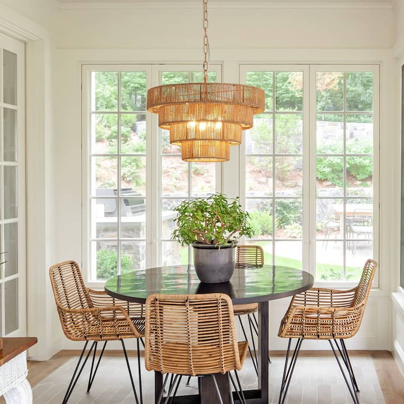 Starsky 6-Light 19inch Boho Tiered Rattan Drum Hand Woven Chandelier with Natural Rope Paper Shade