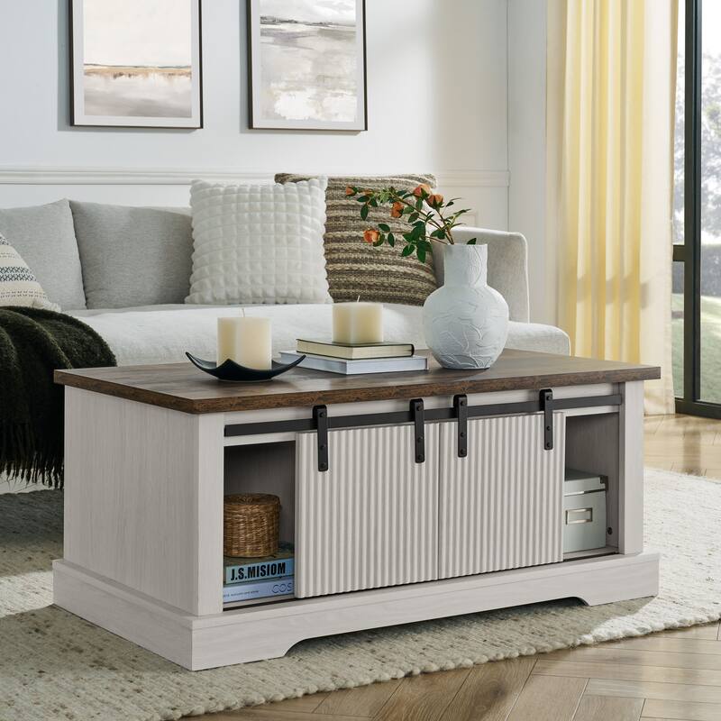 41.3 Inch Coffee Table with Storage and Sliding Wood Door, Farmhouse and Industrial Cocktail Table with Adjustable Shelv