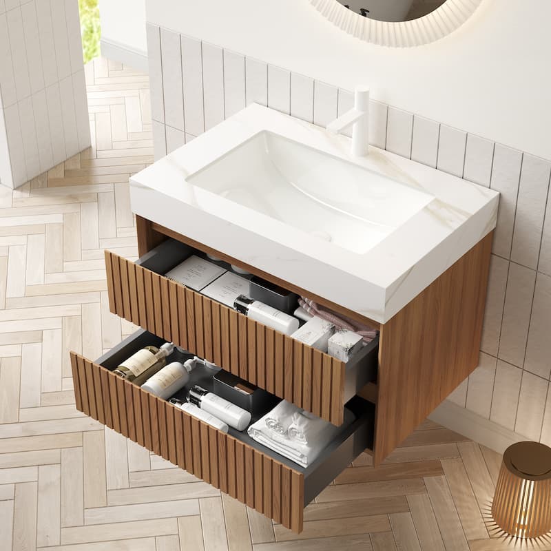30" Bathroom Vanity&Sink,Wall-Mounted Plywood Storage Cabinet with 2 Drawers,Gold Sintered Stone Top with Ceramic Undermount