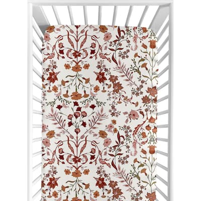 Sweet Jojo Designs Ivory and Orange Boho Vintage Floral Girl Fitted Crib Sheet Bohemian Rust Daisy Botanical Flower Green Fringe