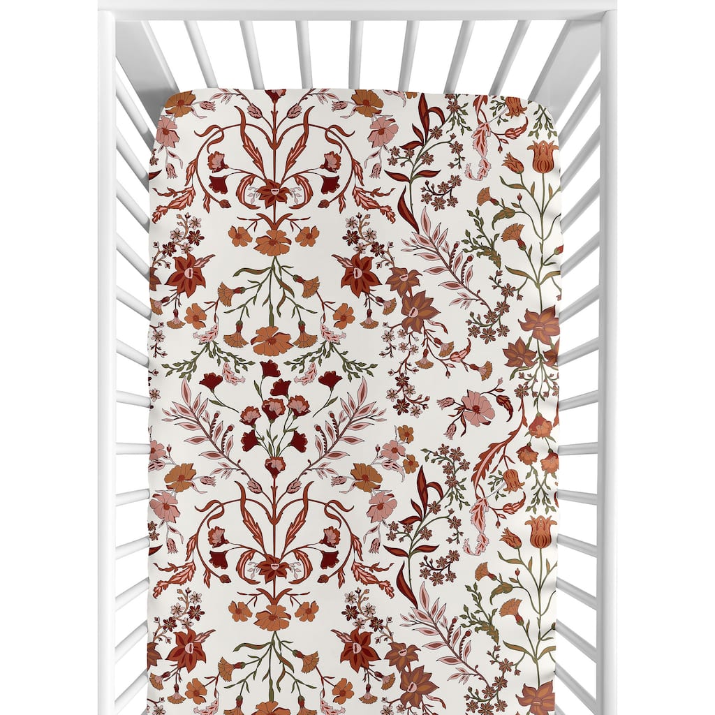 Sweet Jojo Designs Ivory and Orange Boho Vintage Floral Girl Fitted Crib Sheet Bohemian Rust Daisy Botanical Flower Green Fringe