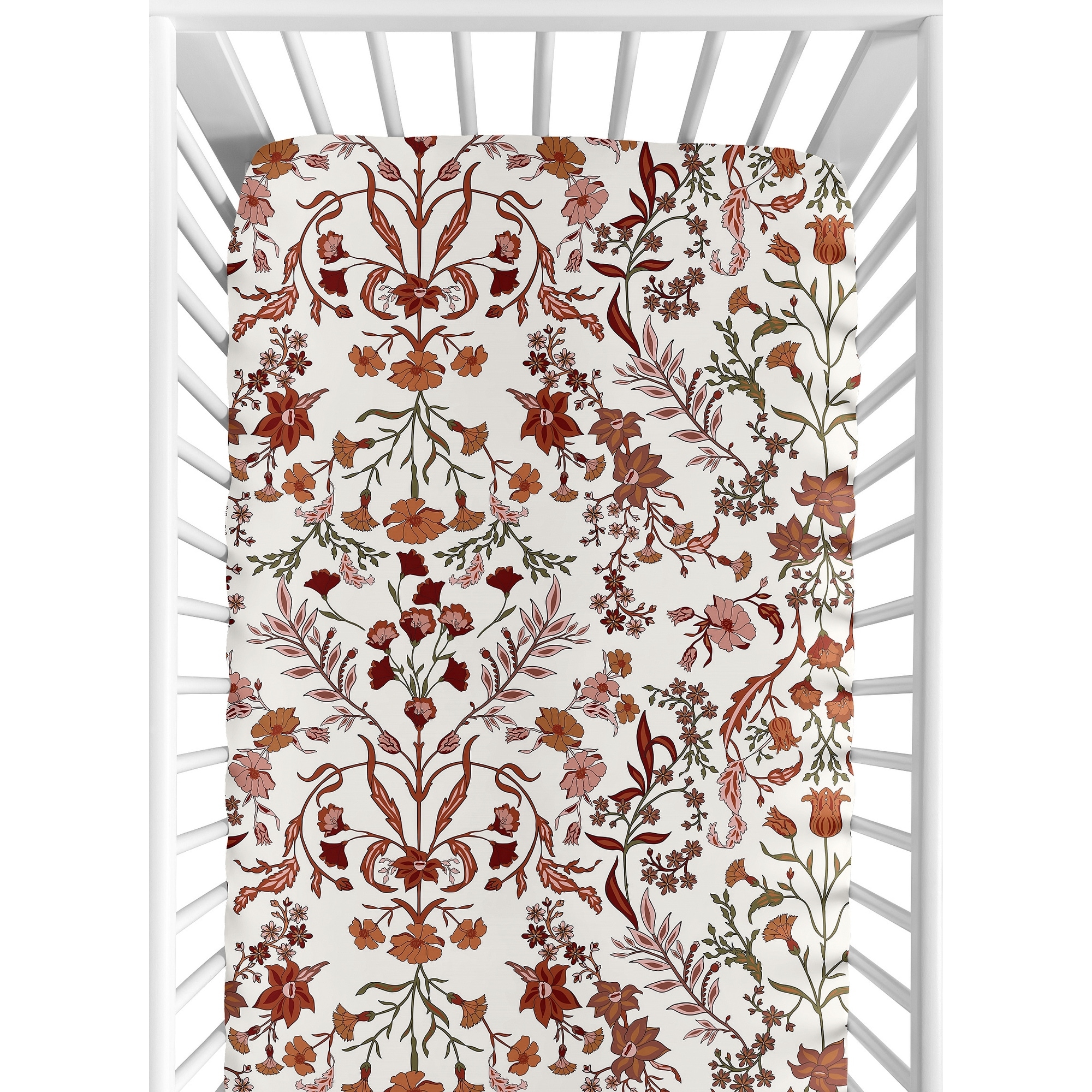 Sweet Jojo Designs Ivory and Orange Boho Vintage Floral Girl Fitted Crib Sheet Bohemian Rust Daisy Botanical Flower Green Fringe