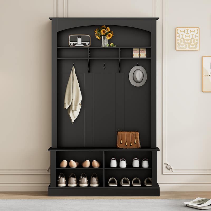 Hall Tree with Bench & Shoe Storage, Multi-functional Storage Bench w/ 3 Hanging Hooks & Open Storage Space, Rectangle Coat Rack