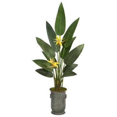 62" Bird of Paradise Plant in Vintage Metal Planter (Real Touch)