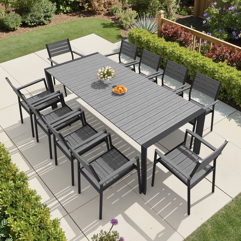 7/9/11-Piece Set Outdoor Aluminum Dining Table with Umbrella Hole and Stackable Dining Chairs