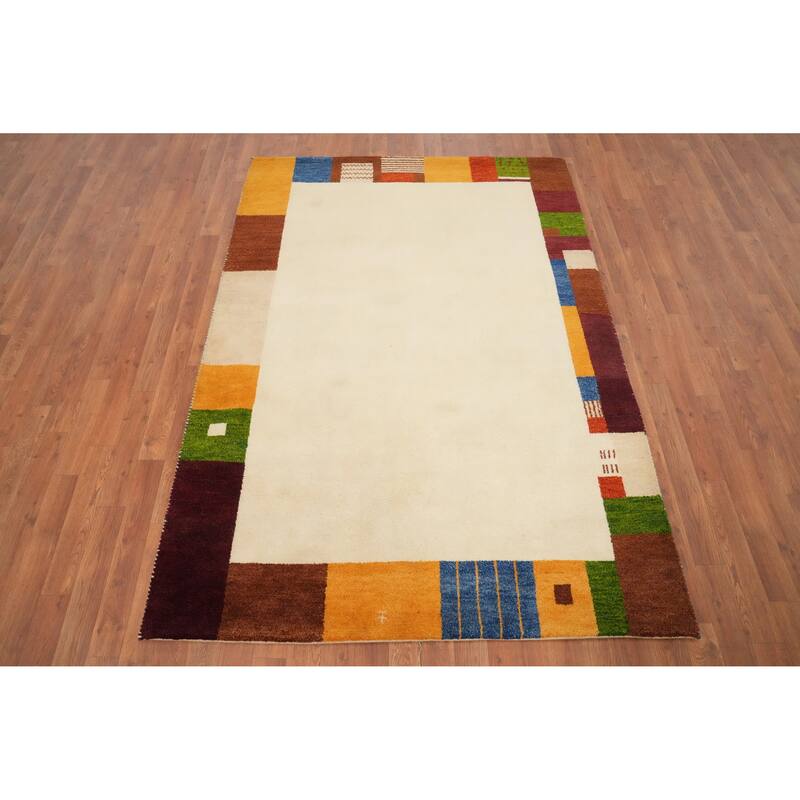Hand Knotted Oriental 100% Wool Carpet Modern Geometric Beige & Ivories Gabbeh Area Rug - 6' 7'' X 4' 8''