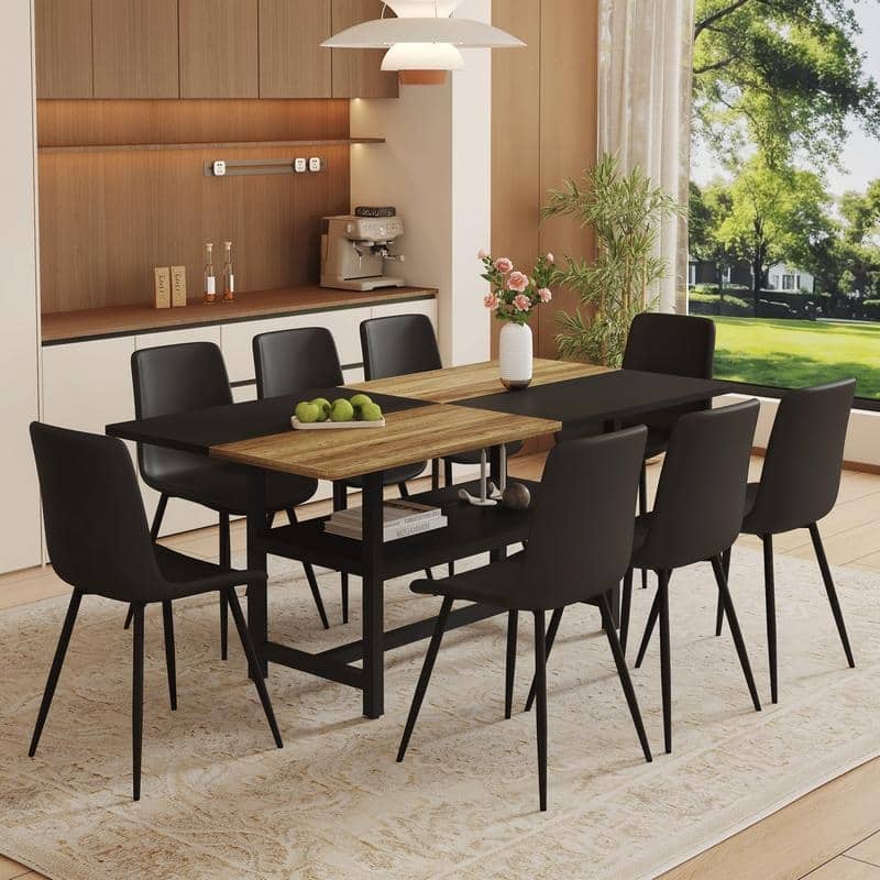 Modern 9-Piece Wood & Black Dining Table Set with Storage and 8 PU Leather Chairs - Black, Wood