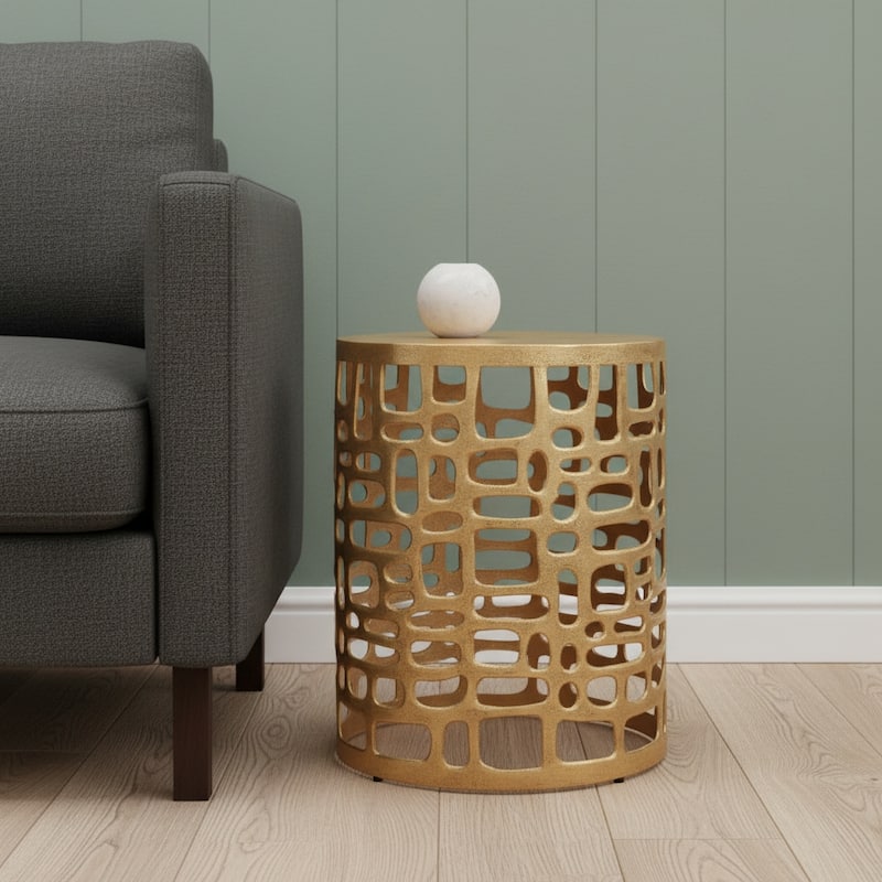 HomeRoots 19" Gold Modern Abstract Cut Out Round Drum End Table - 16.00 in. x 19.00 in. x 16.00 in. - Gold - Aluminum