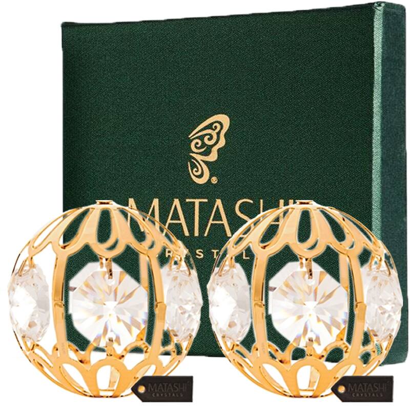 Matashi Pair of 24K Gold Plated Crystal Studded Christmas Ball Ornament - Gold