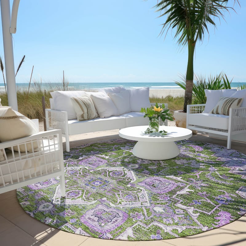 Machine Washable Indoor/ Outdoor Chantille Traditional Boho Rug - Olive - 8' x 8'