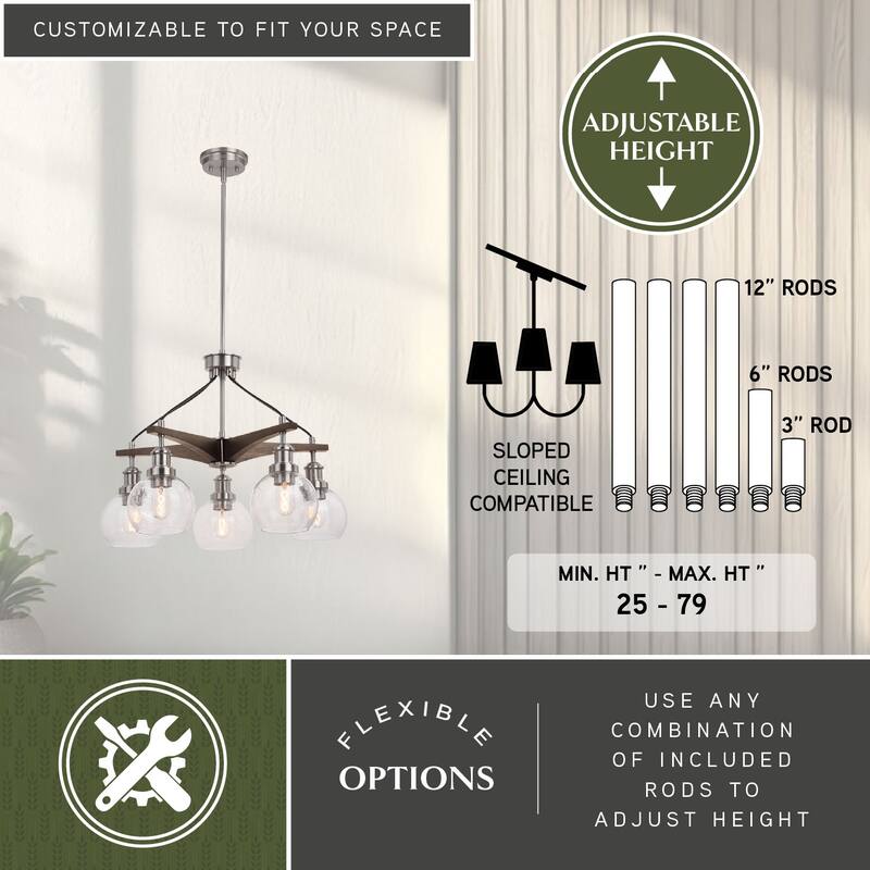 Avondale 25.5-in Satin Nickel and Wood Farmhouse 5 Light Chandelier Dining Room Hanging Fixture