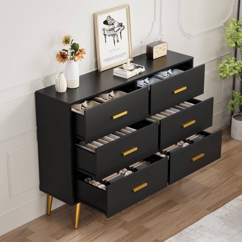 Modern 6 Drawer Dresser in White and Black, Featuring Gold Handles, Wide Wooden Drawers for Bedroom