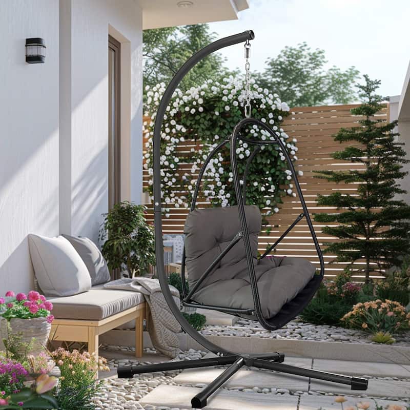 Rossetta Outdoor Wicker Rattan Patio Basket Foldable Hanging Chair with C Type Bracket , Cushion and Pillow