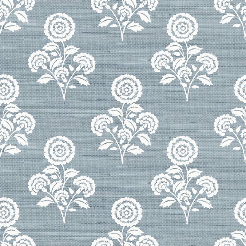 Society Social Flourish Block Print Mineral Blue Faux Grasscloth Peel and Stick Wallpaper