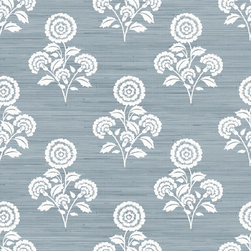 Society Social Flourish Block Print Mineral Blue Faux Grasscloth Peel and Stick Wallpaper