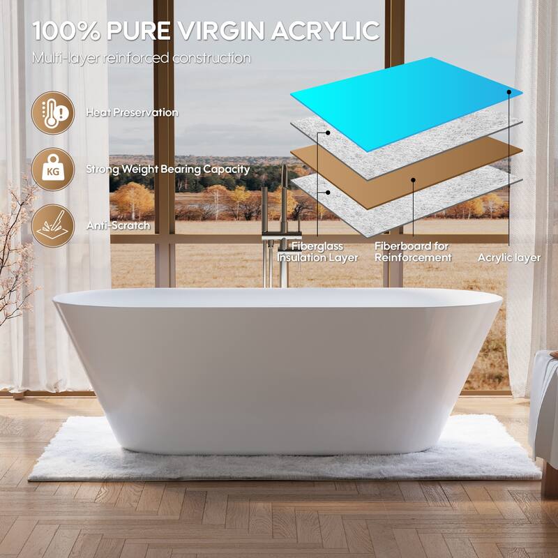 Glossy White Freestanding Soaking Bathtub, 100% Pure Virgin Acrylic with Drain And Overflow