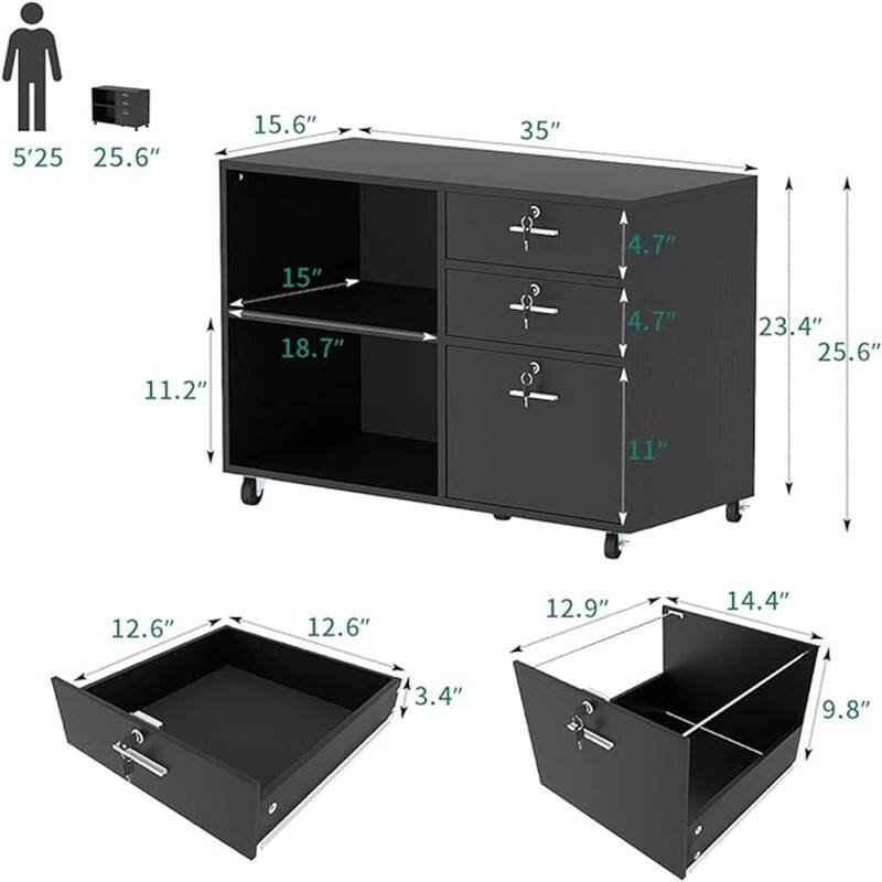 Wood File Cabinet 3 Drawer - 15.6"D x 35"W x 25.6"H