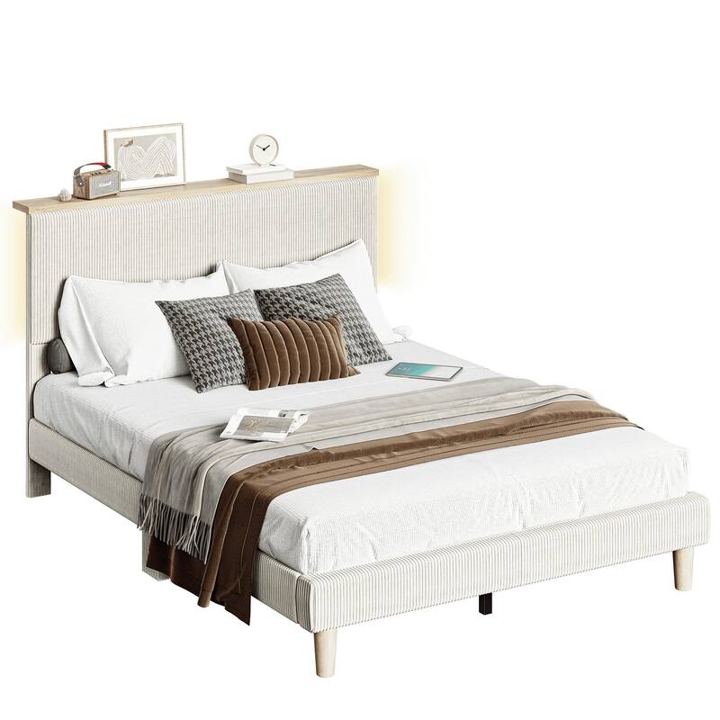 Bestier Bed Frame Velvet Upholstered Platform Bed Frame with Storage Headboard and LED Lights