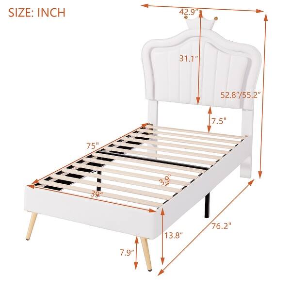dimension image slide 0 of 2, Twin Size Upholstered Bed Frame with LED Lights, Modern Upholstered Princess Bed with Crown Headboard, White+Pink