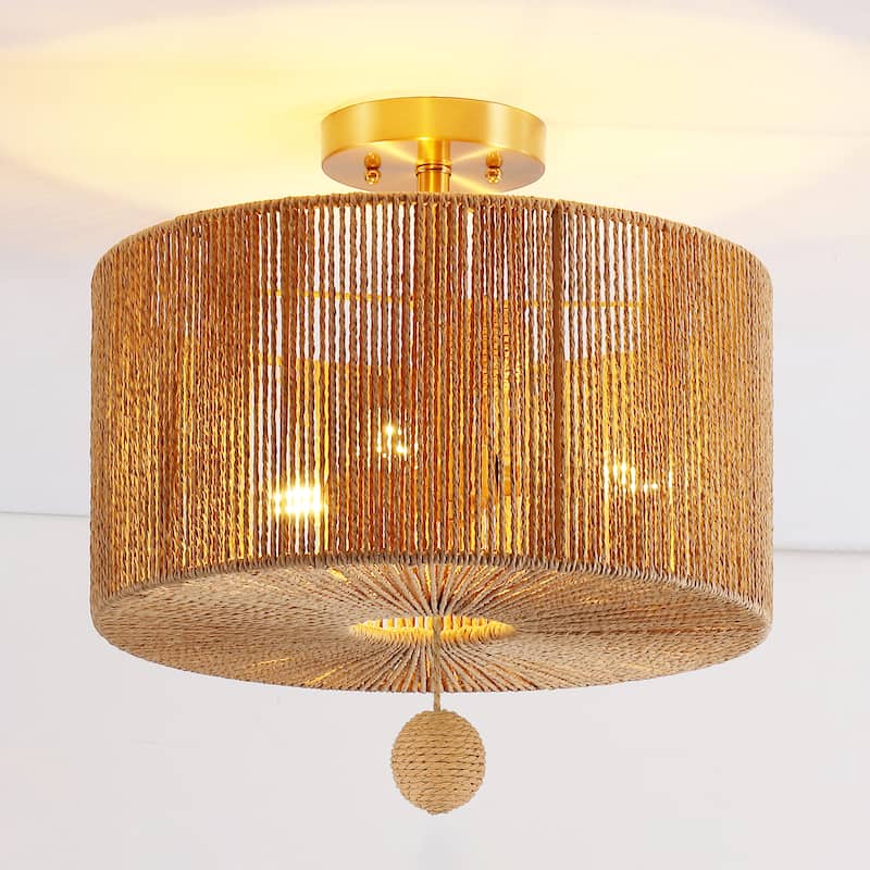 SAFAVIEH Lighting Nikolett 3-Light Flush Mount - 15 In. W x 15 In. D x 15 In. H - Natural/Gold - 15Wx15Dx15H