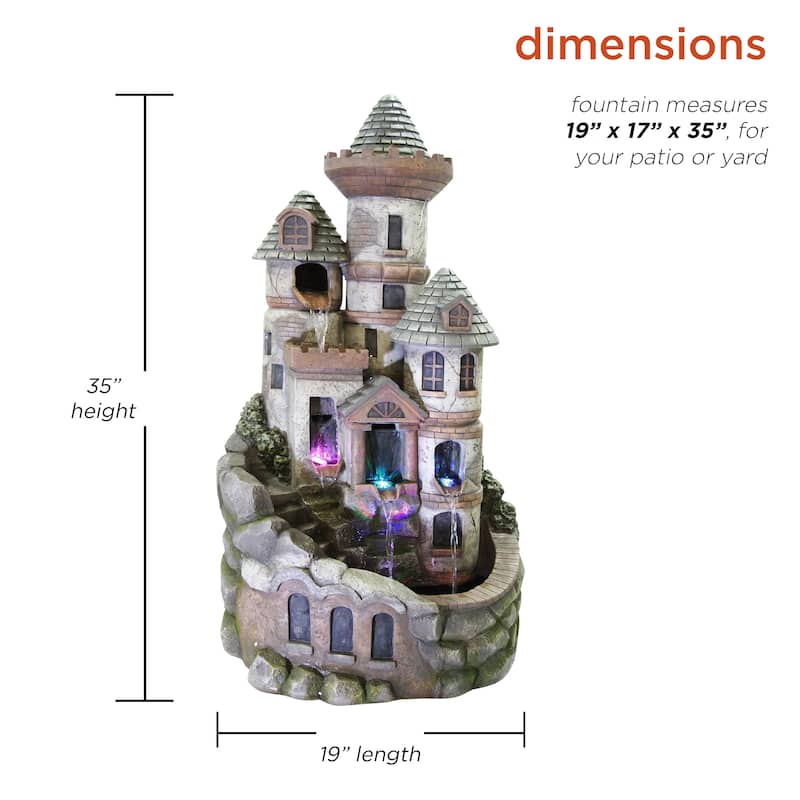 Alpine Corporation USA1368 35" Brown Tower Castle Fountain with Color Changing LED Lights