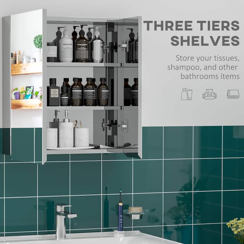 Wall-Mounted Bathroom Medicine Cabinet, Wall Mirror Cabinet with Hinged Doors, Storage Shelves, Silver