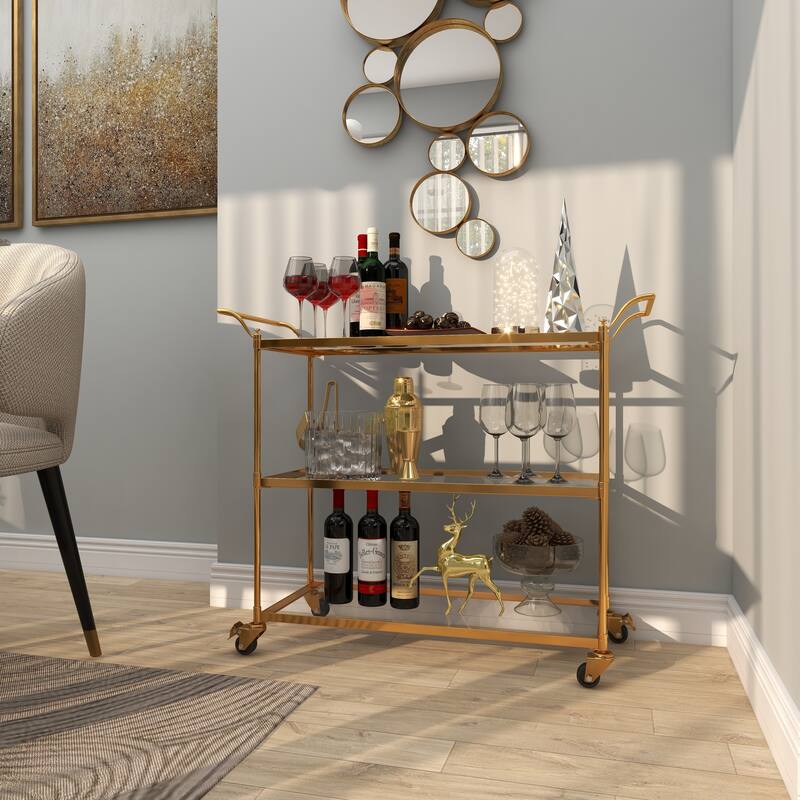 Brass Metal Rolling 3 Glass Shelves Bar Cart with Lockable Wheels