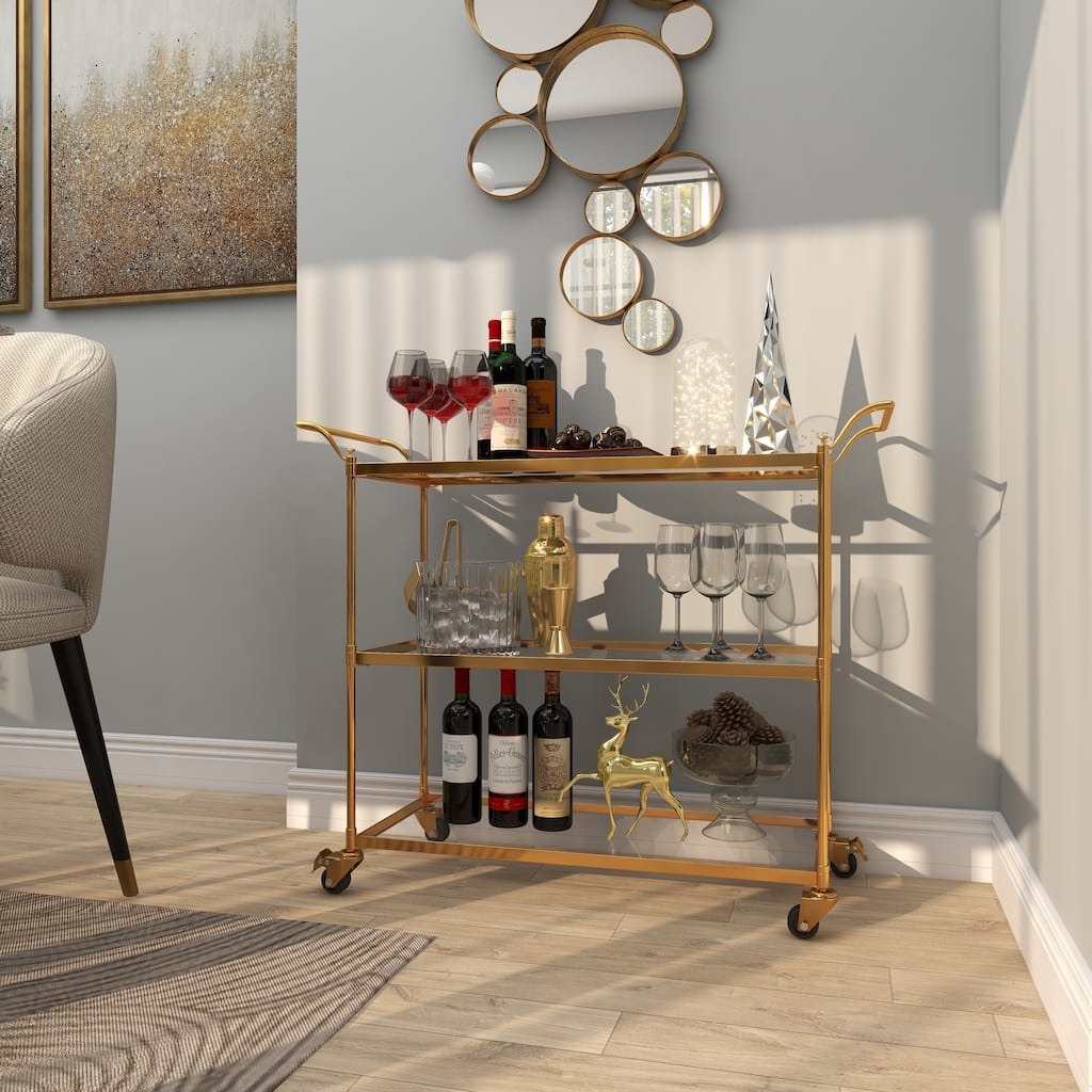 Brass Metal Rolling 3 Glass Shelves Bar Cart with Lockable Wheels