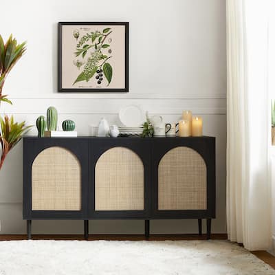 Ulysses Farmhouse Storage Rattan Sideboard Cabinet with and adjustable Shelves with Tapered Solid Wood Legs by HULALA HOME
