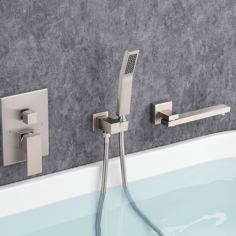 Modern Wall Mounted Bathtub Faucet with Hand Shower 180° Swivel Tub Filler Faucet Single Handle Contemporary Tub Faucet