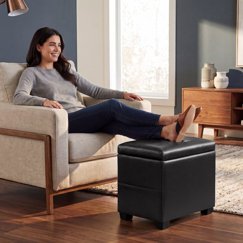 Adeco 16" W Upholstered Rectangle Storage Ottoman with Tray and Pocket