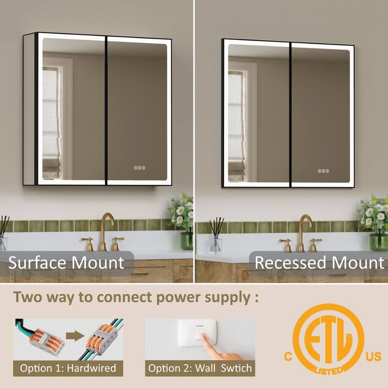Grand Aluminum Medicine Cabinet with Mirror, Adjustable Shelves, Dimmable Light, Anti-Fog, Recessed or Wall Mount