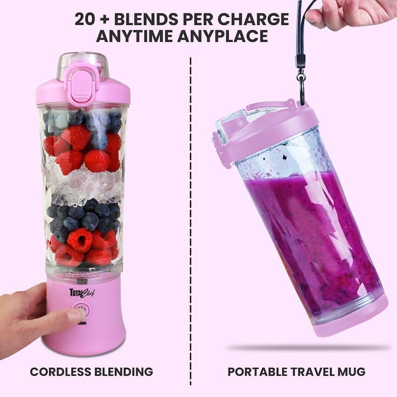 Total Chef Cordless Portable Blender, 20 oz (600 mL) Personal Blender, USB Rechargeable, Lilac Pink
