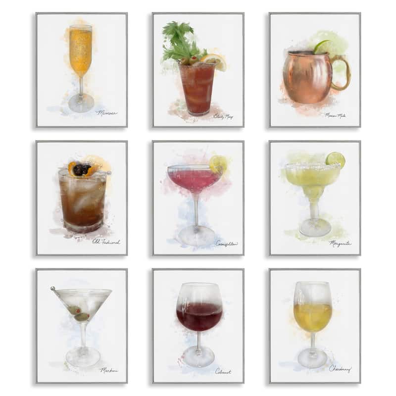 Stupell Modern Muted Cocktail Drinks Framed Giclee Art Design By Matthew Piotrowicz (Set of 9) - 11 x 14 - Grey
