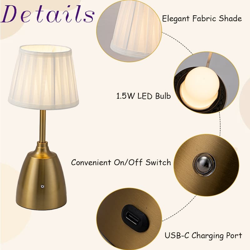 Classic Rechargeable LED Table Lamp with Fabric Shade Touch Control USB Cordless Nightstand Light for Nightstand Room - W6.3‘’