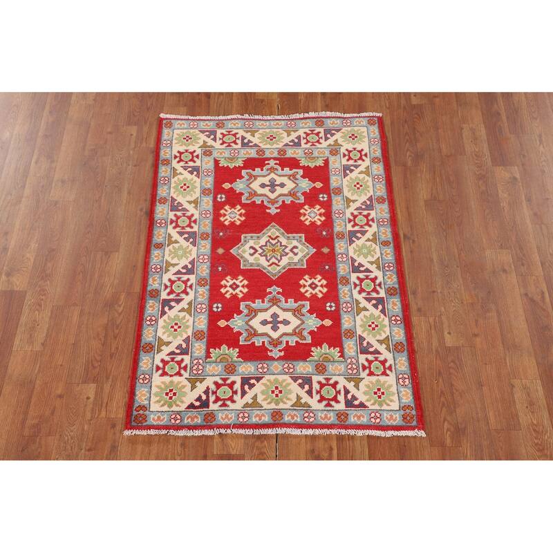 Red Kazak Accent Rug Hand-Knotted Geometric Wool Carpet - 2'8" x 3'10"