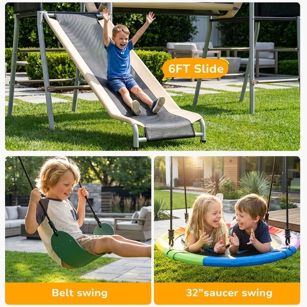 Hapfan 660lbs 6-in-1 Swing Set with Slide,Crawl Tunnel and Monkey