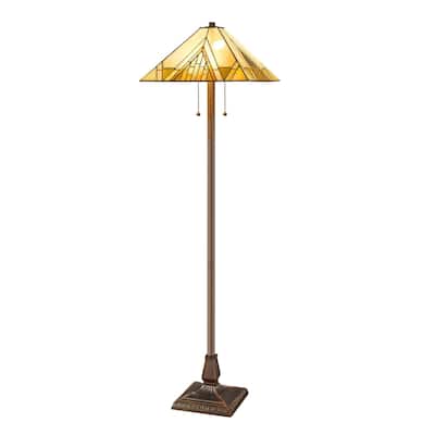 Beige Metal Torchiere Floor Lamp with Stained Glass Empire Shade - 17” x 17” x 62” (D x W x H)
