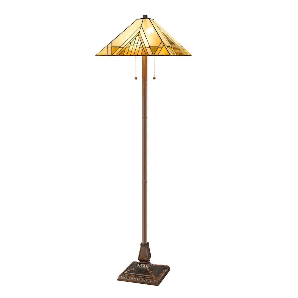 Beige Metal Torchiere Floor Lamp with Stained Glass Empire Shade - 17” x 17” x 62” (D x W x H)