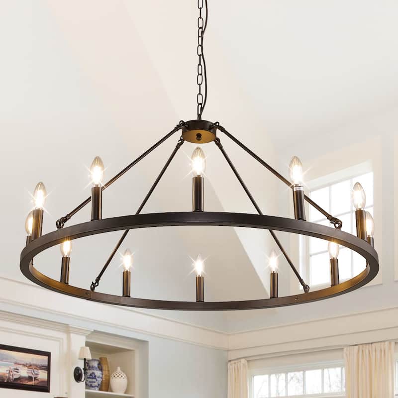 54-inch Round Wagon Wheel 24-light Chandelier - Black+12 light