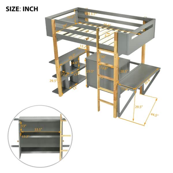 dimension image slide 1 of 2, Twin Size Wood Loft Bed with Built-In Storage Cabinet, Cubes & Foldable Desk