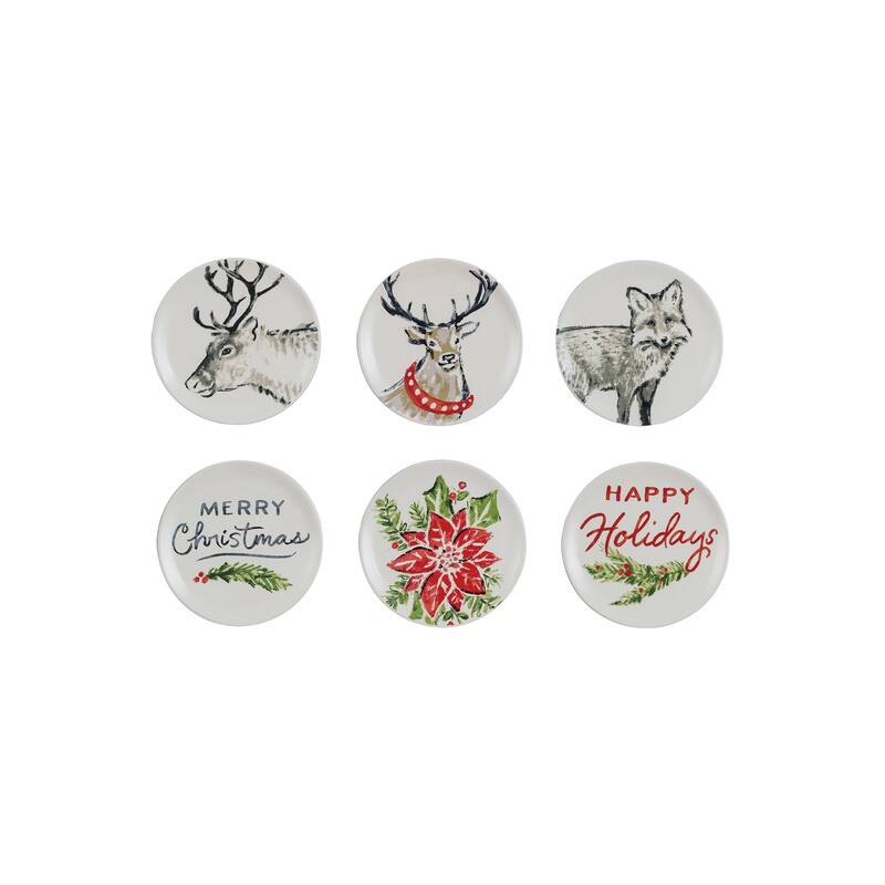 Stoneware Plate Set with Christmas Holiday Saying, Set of 6