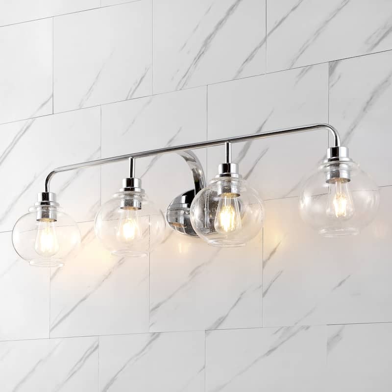 Staunton Iron/Seeded Glass Cottage Rustic LED Vanity Light, by JONATHAN Y - 4-Lights - Chrome