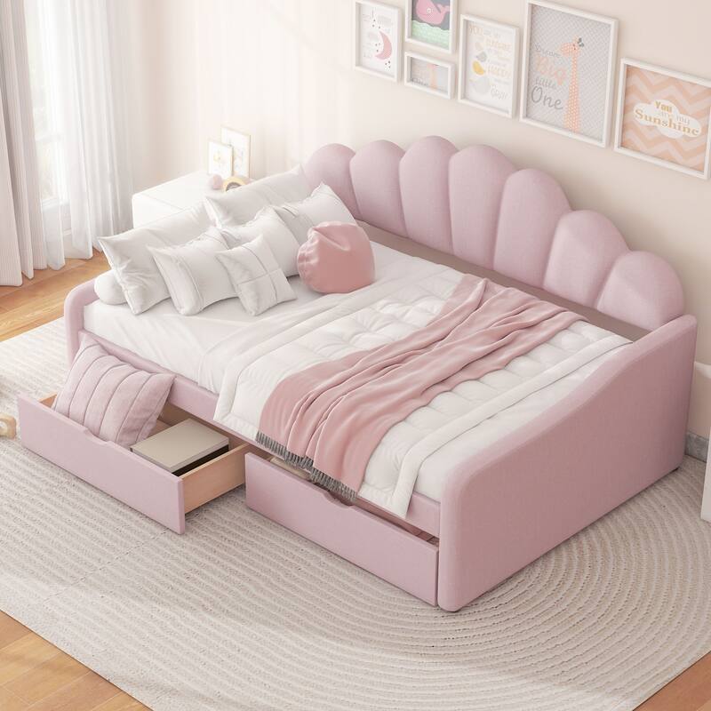 Full Size Shell-Shaped Backrest Upholstered Daybed with Optional Trundle or Drawers - Pink with Drawers - Full