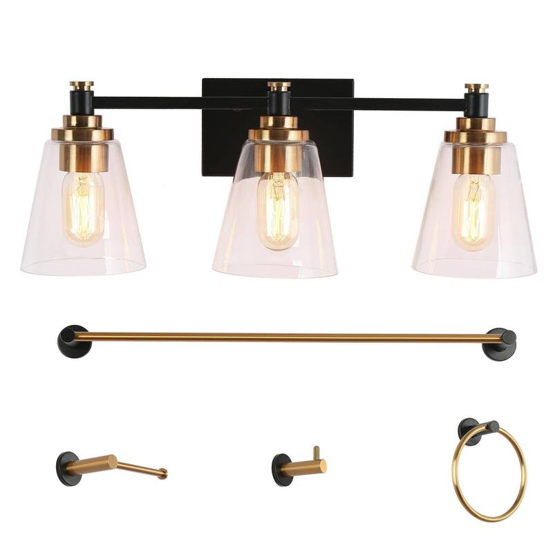 Modern Black Gold 3-Light Vanity Light Fixture All-in-one 5-piece Bathroom Set - Black&Glod