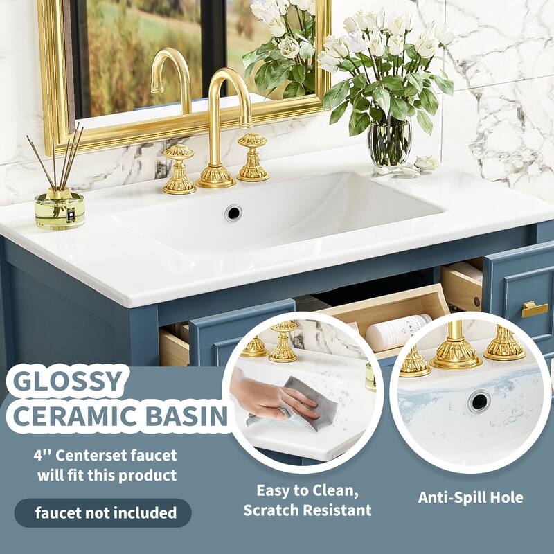 Bathroom Vanity with Ceramic Sink, Bathroom Storage Cabinet with 5 Drawers, Bathroom Vanity Set with Open Shelf