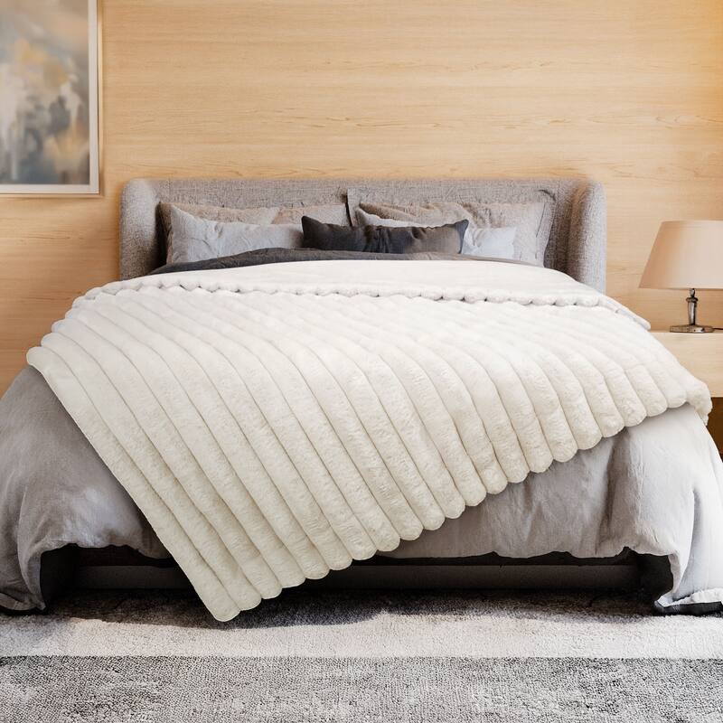 Luxury Reversible Textured Stripe Faux Fur & Velvet Throw - White - 50 x 70 in