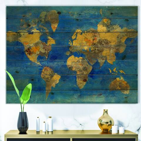 Designart 'Golden Glam World Map' Print on Natural Pine Wood - Blue