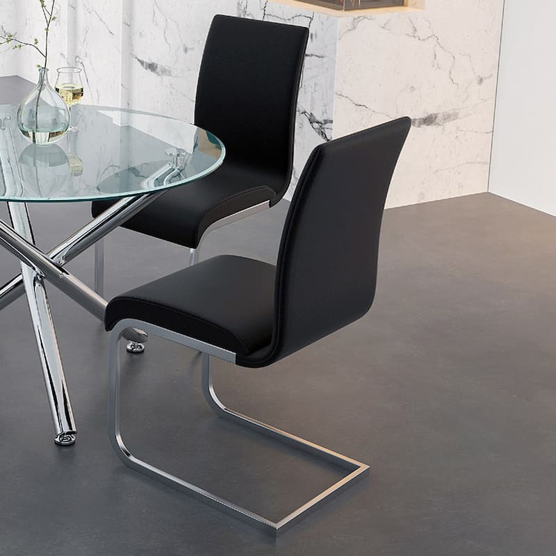 Contemporary Faux Leather and Metal Dining Chair, Set of 4 - Black and Chrome